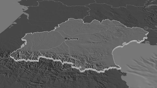 Zoom Occitanie Regione Della Francia Estruso Prospettiva Obliqua Mappa Elevazione — Foto Stock