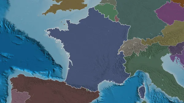 프랑스 지역의 모습이 그려져 색깔이 울퉁불퉁 구역의 지도는 지표수로 있었습니다 — 스톡 사진