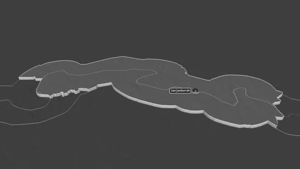 放大马加锡岛 冈比亚的一部分 的挤压 斜的角度 带地表水的双层高程图 3D渲染 — 图库照片