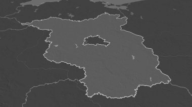 Brandenburg 'a (Almanya eyaleti) yakınlaştırın. Belirsiz bir bakış açısı. Yüzey sularıyla çift seviyeli yükseklik haritası. 3B görüntüleme