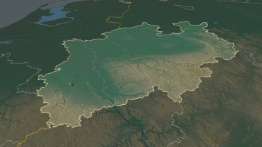 Zoom in on Nordrhein-Westfalen (state of Germany) outlined. Oblique perspective. Topographic relief map with surface waters. 3D rendering clipart