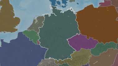 Almanya bölgesinin ana hatları. Yüzey sularıyla birlikte idari bölümün renkli ve çarpık haritası. 3B görüntüleme