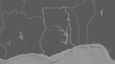 Gana bölgesinin ana hatları. Yüzey sularıyla çift seviyeli yükseklik haritası. 3B görüntüleme