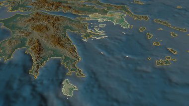 Ana hatlarıyla Attica 'ya (Yunanistan' ın ademi merkeziyetçi yönetimi) yakınlaşın. Belirsiz bir bakış açısı. Yüzey suları olan topografik yardım haritası. 3B görüntüleme