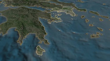 Ana hatlarıyla Attica 'ya (Yunanistan' ın ademi merkeziyetçi yönetimi) yakınlaşın. Belirsiz bir bakış açısı. Uydu görüntüleri. 3B görüntüleme