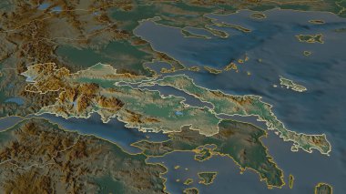 Yunanistan 'ın merkezden uzaklaştırılmış yönetimine yakınlaş (Yunanistan' ın merkezi idaresi). Belirsiz bir bakış açısı. Yüzey suları olan topografik yardım haritası. 3B görüntüleme