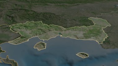 Ana hatlarıyla Doğu Makedonya ve Trakya 'ya (Yunanistan' ın ademi merkeziyetçi yönetimi) yakınlaş. Belirsiz bir bakış açısı. Uydu görüntüleri. 3B görüntüleme