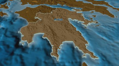 Peloponnese 'e (Yunanistan' ın ademi merkeziyetçilikten arındırılmış yönetimi) yakınlaştırın. Belirsiz bir bakış açısı. Yüzey sularıyla birlikte idari bölümün renkli ve çarpık haritası. 3B görüntüleme