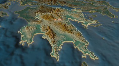 Peloponnese 'e (Yunanistan' ın ademi merkeziyetçilikten arındırılmış yönetimi) yakınlaştırın. Belirsiz bir bakış açısı. Yüzey suları olan topografik yardım haritası. 3B görüntüleme