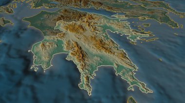 Peloponnese 'ye (Yunanistan' ın ademi merkeziyetçi yönetimi) yakınlaş. Belirsiz bir bakış açısı. Yüzey suları olan topografik yardım haritası. 3B görüntüleme