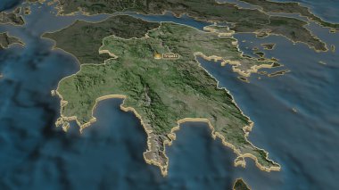 Peloponnese 'e (Yunanistan' ın ademi merkeziyetçilikten arındırılmış yönetimi) yakınlaştırın. Belirsiz bir bakış açısı. Uydu görüntüleri. 3B görüntüleme