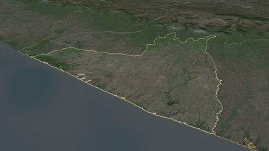 Retalhuleu 'ya (Guatemala Departmanı) yakınlaştır. Belirsiz bir bakış açısı. Uydu görüntüleri. 3B görüntüleme