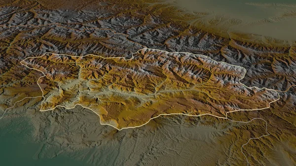 Zoom in on Racha-Lechkhumi-Kvemo Svaneti (region of Georgia) outlined. Oblique perspective. Topographic relief map with surface waters. 3D rendering