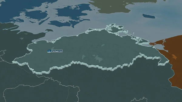 放大对Mecklenburg Vorpommern 斜的角度 用地表水绘制了行政区划的彩色和凹凸的地图 3D渲染 — 图库照片