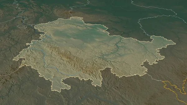 Zoom Thuringen State Germany Outlined Oblique Perspective Topographic Relief Map — Stock Photo, Image