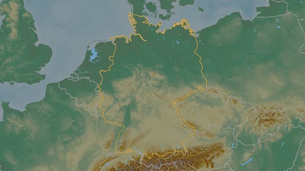 德国地区的轮廓 带有地表水的地形图 3D渲染 — 图库照片