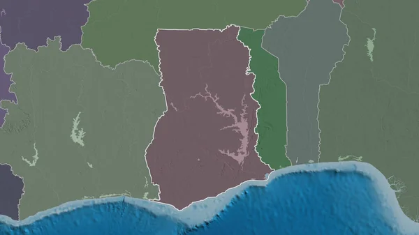加纳地区的轮廓 用地表水绘制了行政区划的彩色和凹凸的地图 3D渲染 — 图库照片