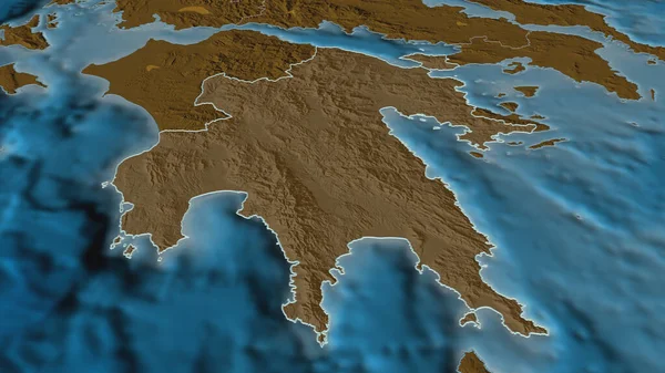 Zoom in on Peloponnese (decentralized administration of Greece) outlined. Oblique perspective. Colored and bumped map of the administrative division with surface waters. 3D rendering