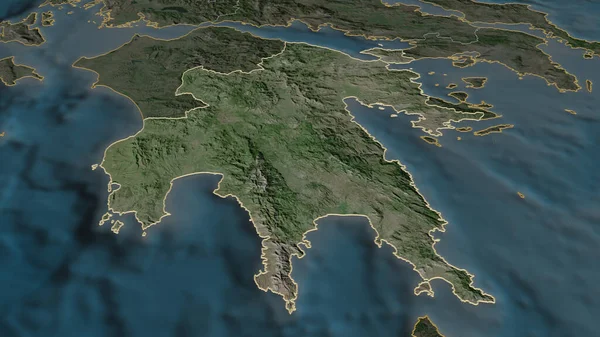 Peloponnese 'ye (Yunanistan' ın ademi merkeziyetçi yönetimi) yakınlaş. Belirsiz bir bakış açısı. Uydu görüntüleri. 3B görüntüleme