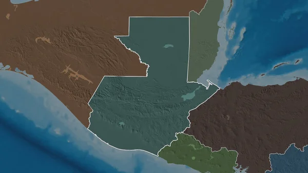 Outlined shape of the Guatemala area. Colored and bumped map of the administrative division with surface waters. 3D rendering