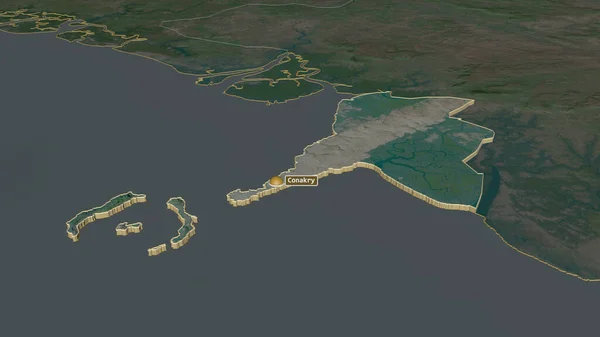 Zbliżenie Konakry Region Gwinei Wytłaczane Perspektywa Ukośna Zdjęcia Satelitarne Renderowanie — Zdjęcie stockowe