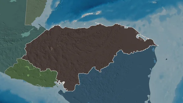 Zarysowany Kształt Obszaru Hondurasu Kolorowa Wyboista Mapa Podziału Administracyjnego Wodami — Zdjęcie stockowe