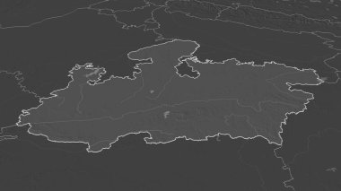 Madhya Pradesh 'e (Hindistan eyaleti) yakınlaştırın. Belirsiz bir bakış açısı. Yüzey sularıyla çift seviyeli yükseklik haritası. 3B görüntüleme
