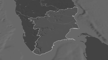 Tamil Nadu 'ya (Hindistan eyaleti) yakınlaştırın. Belirsiz bir bakış açısı. Yüzey sularıyla çift seviyeli yükseklik haritası. 3B görüntüleme