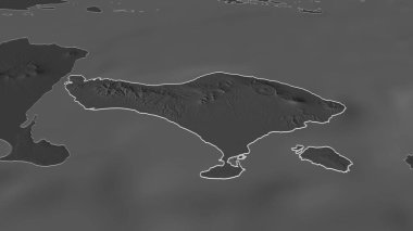 Bali 'ye (Endonezya ili) yakınlaş. Belirsiz bir bakış açısı. Yüzey sularıyla çift seviyeli yükseklik haritası. 3B görüntüleme