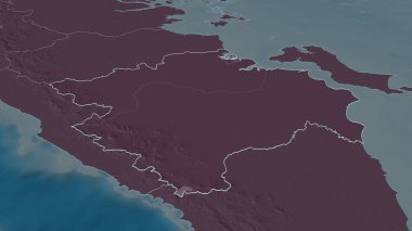 Sumatera Selatan 'a (Endonezya ili) yakınlaştırın. Belirsiz bir bakış açısı. Yüzey sularıyla birlikte idari bölümün renkli ve çarpık haritası. 3B görüntüleme