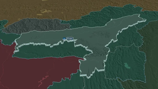 Ampliar Assam Estado India Extruido Perspectiva Oblicua Mapa Coloreado Tocado —  Fotos de Stock