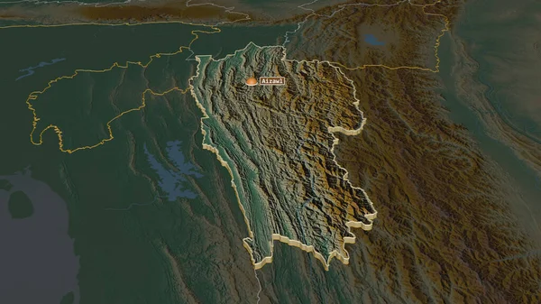 Zoom Ind Mizoram Staten Indien Ekstruderet Skævt Perspektiv Topografisk Relief - Stock-foto