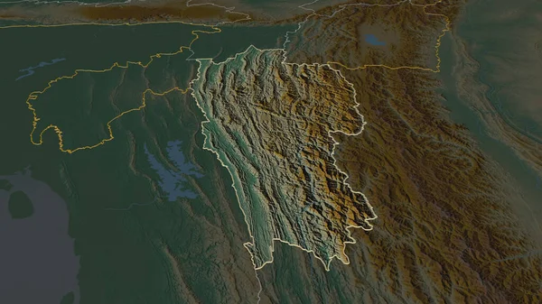 ミゾラム インドの州 のズームアウト概要 嘘の見方だ 地表水と地形救援マップ 3Dレンダリング — ストック写真