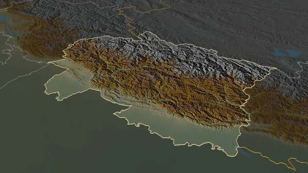 Zoom Auf Uttarakhand Bundesstaat Indien Umrissen Schräge Perspektive Topographische Reliefkarte — Stockfoto