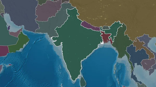 Outlined shape of the India area. Colored and bumped map of the administrative division with surface waters. 3D rendering