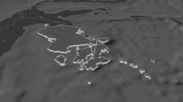 放大苏拉威西登加拉 印度尼西亚省 斜的角度 带地表水的双层高程图 3D渲染 — 图库照片