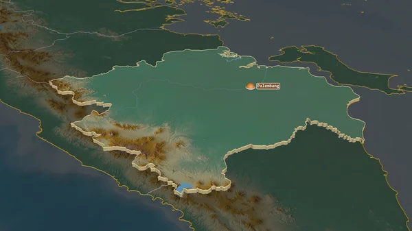 Ampliar Sumatera Selatan Provincia Indonesia Extruido Perspectiva Oblicua Mapa Topográfico — Foto de Stock