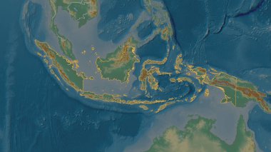 Endonezya bölgesinin ana hatları. Yüzey suları olan topografik yardım haritası. 3B görüntüleme