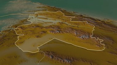 Kuzey Horasan 'a (İran ili) yakınlaştırın. Belirsiz bir bakış açısı. Yüzey suları olan topografik yardım haritası. 3B görüntüleme