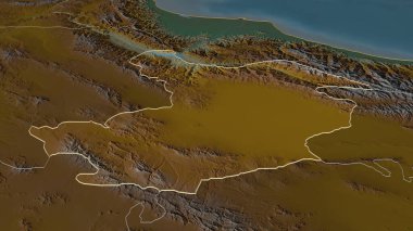 Kazvin 'e (İran ili) yakınlaştırın. Belirsiz bir bakış açısı. Yüzey suları olan topografik yardım haritası. 3B görüntüleme