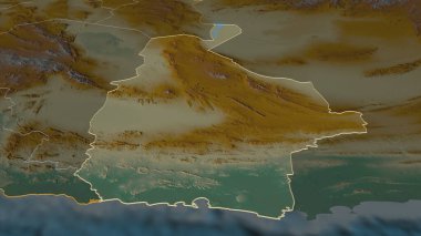 Sistan ve Baluchestan 'a (İran ili) yakınlaştırın. Belirsiz bir bakış açısı. Yüzey suları olan topografik yardım haritası. 3B görüntüleme
