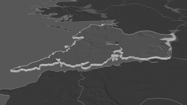 Clare 'e (İrlanda eyaleti) yakınlaştırın. Belirsiz bir bakış açısı. Yüzey sularıyla çift seviyeli yükseklik haritası. 3B görüntüleme