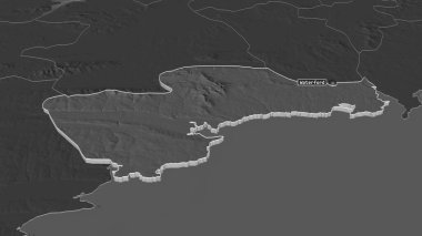 Waterford 'a (İrlanda eyaleti) yakınlaştırın. Belirsiz bir bakış açısı. Yüzey sularıyla çift seviyeli yükseklik haritası. 3B görüntüleme
