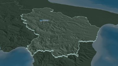 Basilicata 'ya (İtalya bölgesi) yakınlaştırın. Belirsiz bir bakış açısı. Yüzey sularıyla birlikte idari bölümün renkli ve çarpık haritası. 3B görüntüleme