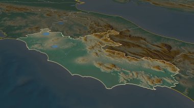 Lazio 'ya (İtalya bölgesi) yakınlaş. Belirsiz bir bakış açısı. Yüzey suları olan topografik yardım haritası. 3B görüntüleme
