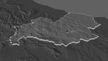 Molise 'e (İtalya bölgesi) yakınlaştır. Belirsiz bir bakış açısı. Yüzey sularıyla çift seviyeli yükseklik haritası. 3B görüntüleme