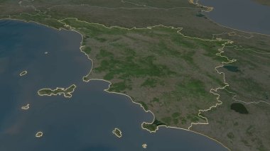 Toscana 'ya (İtalya bölgesi) yakınlaş. Belirsiz bir bakış açısı. Uydu görüntüleri. 3B görüntüleme