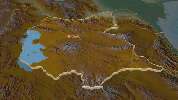 東アザルバジャン イラン州 のズームアウト 嘘の見方だ 地表水と地形救援マップ 3Dレンダリング — ストック写真