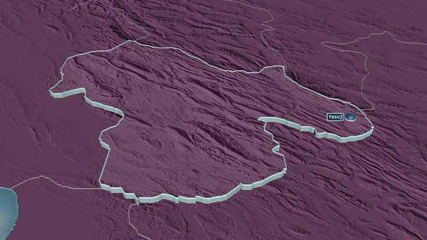 放大Kohgiluyeh和Buyer Ahmad 伊朗省 的挤压 斜的角度 用地表水绘制了行政区划的彩色和凹凸的地图 3D渲染 — 图库照片