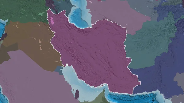 Outlined shape of the Iran area. Colored and bumped map of the administrative division with surface waters. 3D rendering